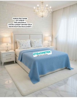 ETEHOMETEX ÇİFT KİŞİLİK %100 PAMUK HAVUZLU PİKE TAKIMI MAVİ 8696474232072